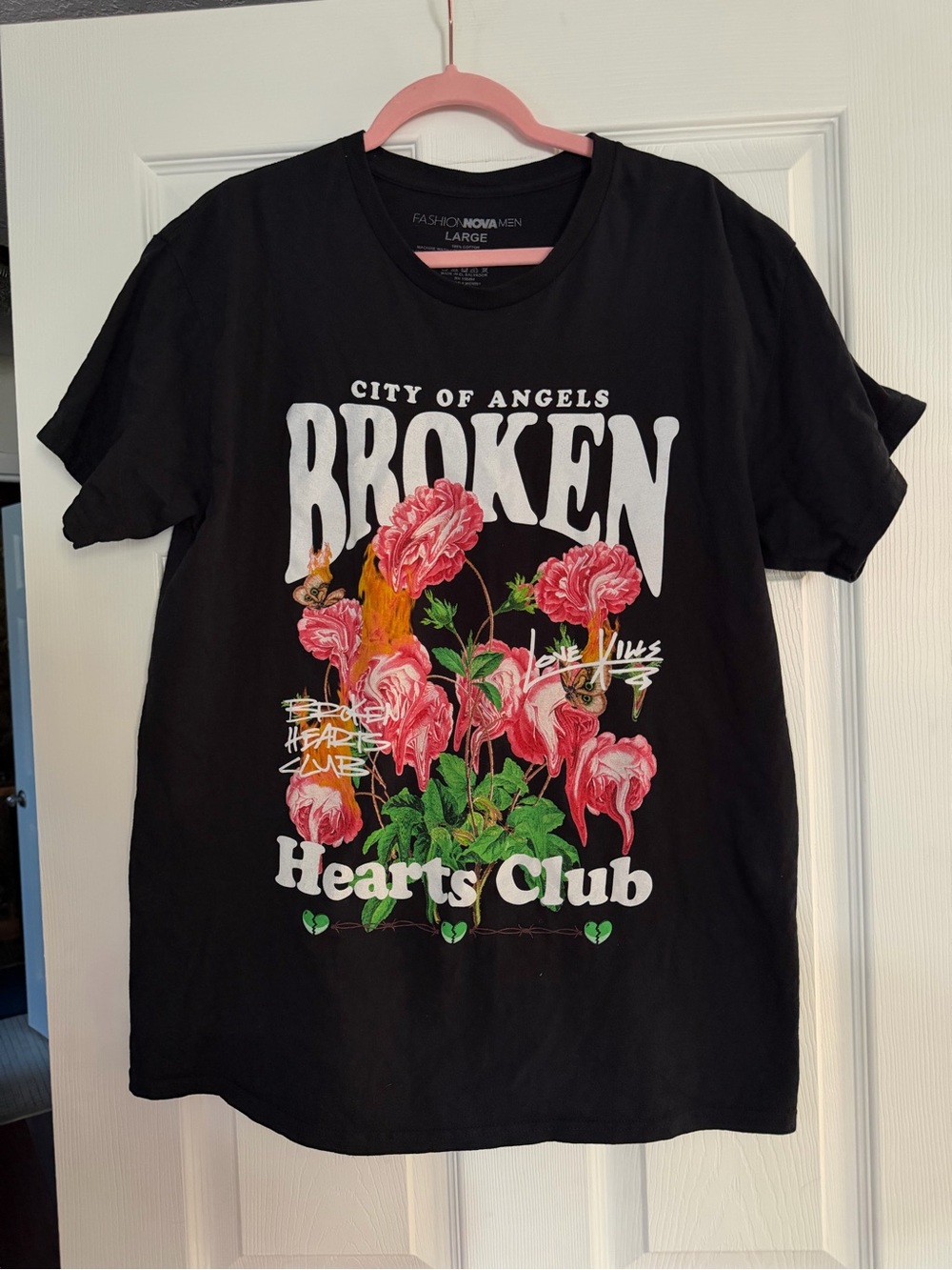 Fashion Nova Black Graphic 'Broken Hearts Club' Tee with Pink Floral Print